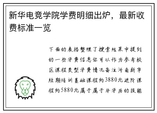 新华电竞学院学费明细出炉，最新收费标准一览